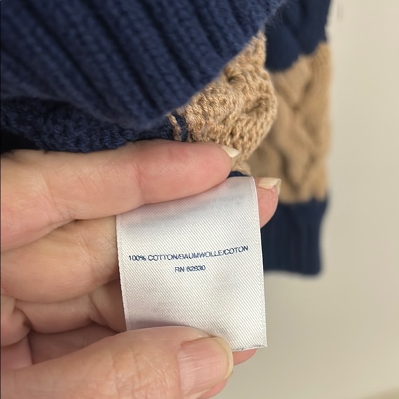 Land’s End Drifter Striped Cable Knit Sweater in Tan and Navy - Picture 3 of 4